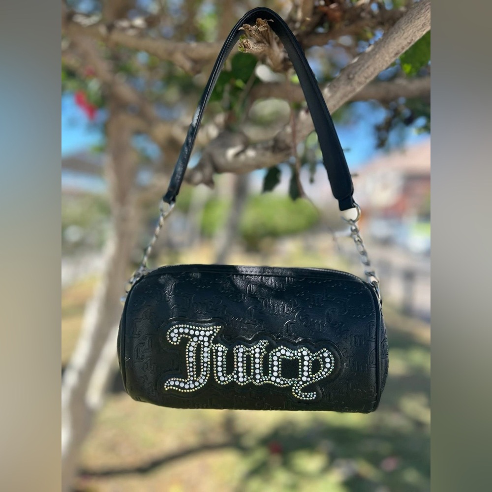 Juicy Couture Black Barrel Handbag Purse Rhinestone Pearl Logo & Chain Strap